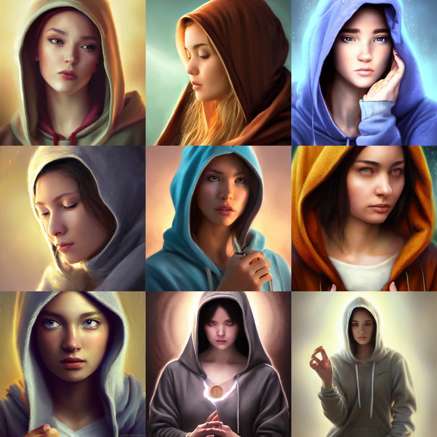 Prompt: character portrait of young woman in a hoodie, enchanting an illusory spell. digital painting, detailed, 8 k, trending on artstation, smooth, sharp focus artwork by mark arian, artgerm, mark keathley, greg rutkowski