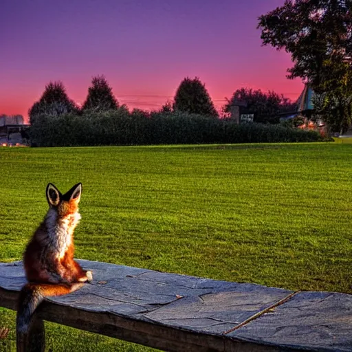 Image similar to Blue hour photography, a fox sitting on a bench, cool twilight lighting, 5am
