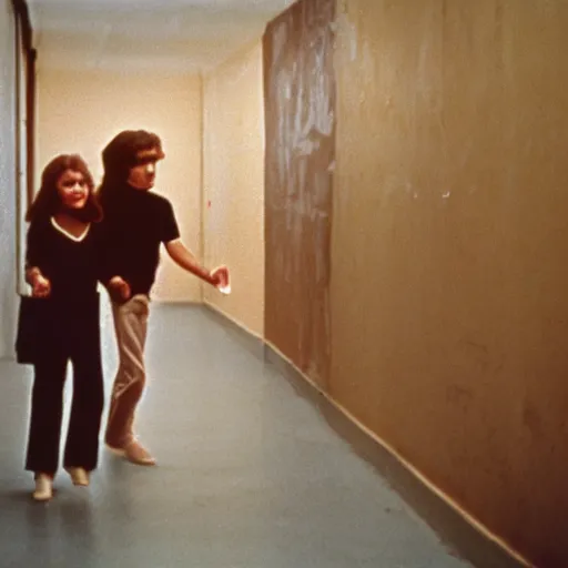 Prompt: 1978 teenage girl holds hands with sad inflatable face boyfriend at high school, color Tarkovsky film, in school hallway, dirty walls, archival footage, technicolor film, 16mm, live action, John Waters, campy movie scene