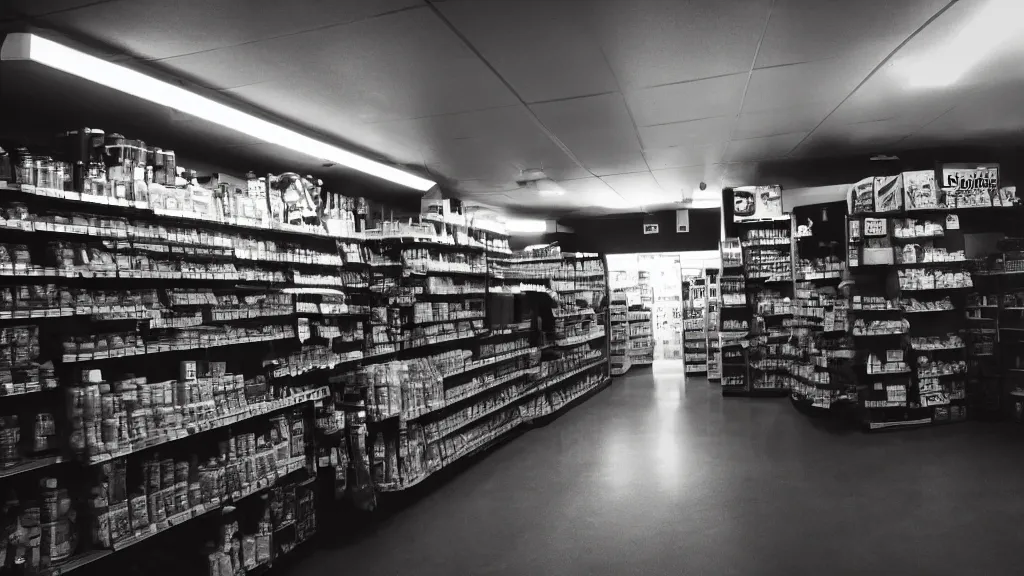 Image similar to empty convenience store, liminal space, moody lighting