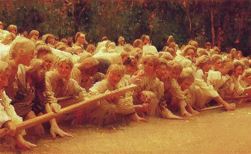 Image similar to high quality high detail painting by ilya repin, a long row of people extending through infinity, hd