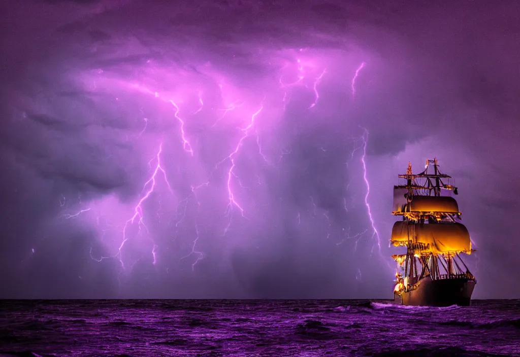 Image similar to purple color lighting storm with stormy sea, pirate ship firing its cannons real life trippy nebula sky 50mm shot