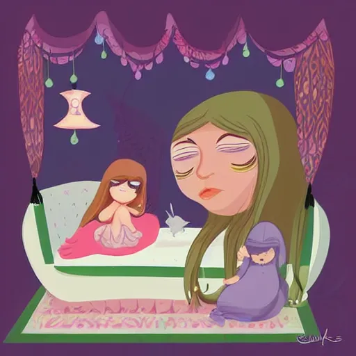 Image similar to a little cute sleepy girl in her bedroom and her mother singing lullabies next to her by Jeremiah Ketner