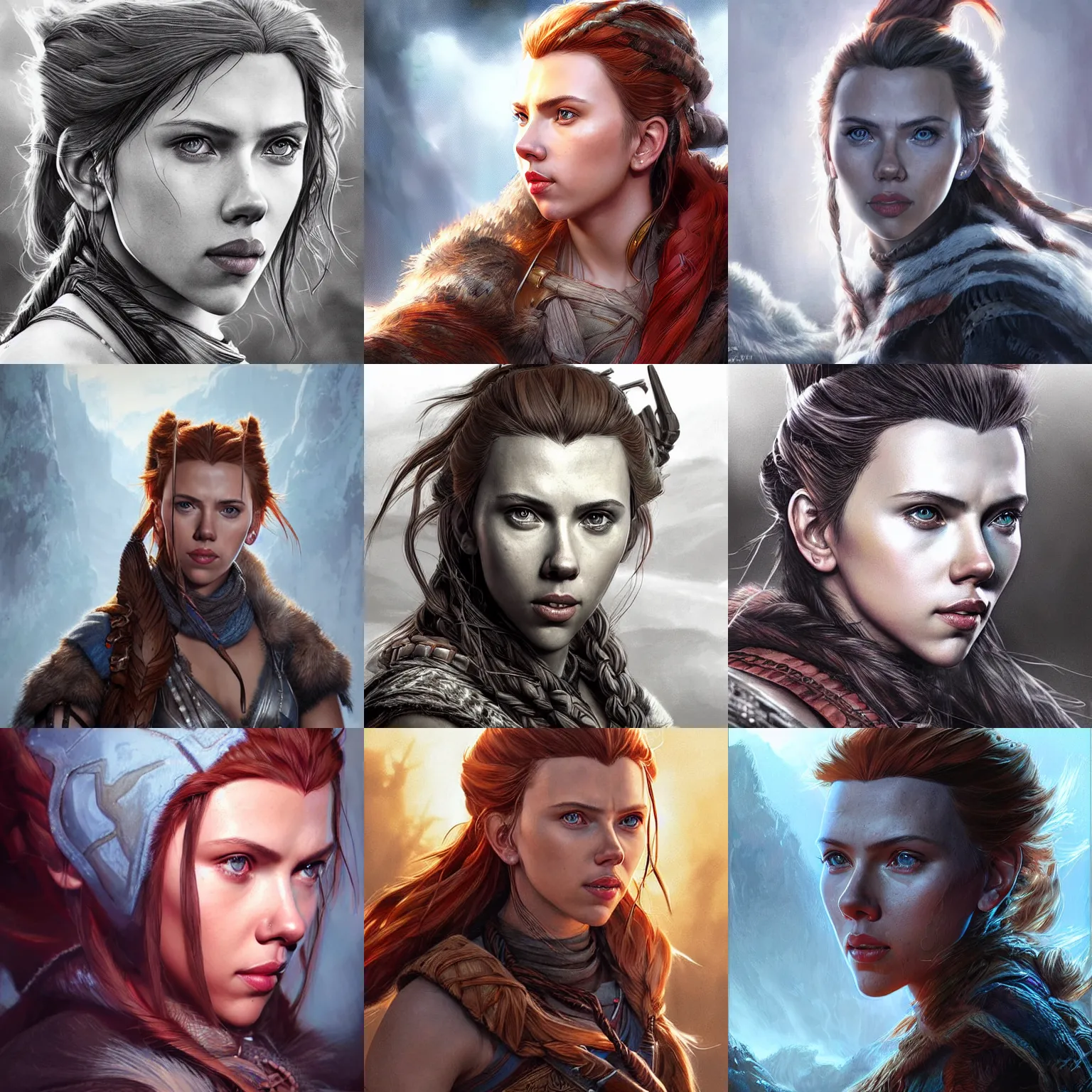 Prompt: a portrait of scarlett johansson as aloy by artgerm, highly detailed, intricate environment, atmospheric lighting