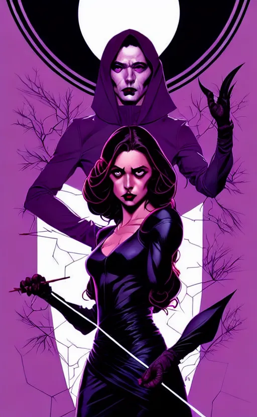 Image similar to rafael albuquerque comic cover art, artgerm, joshua middleton, pretty stella maeve witch doing black magic, serious look, purple dress, symmetrical eyes, symmetrical face, long black hair, full body, twisted evil dark forest in the background, cool colors