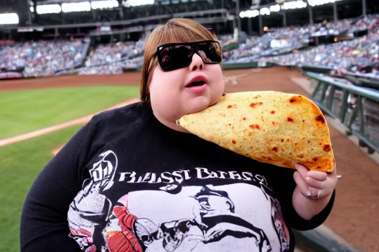 Image similar to obese woman eating a giant burrito sitting at a baseball game, photograph,