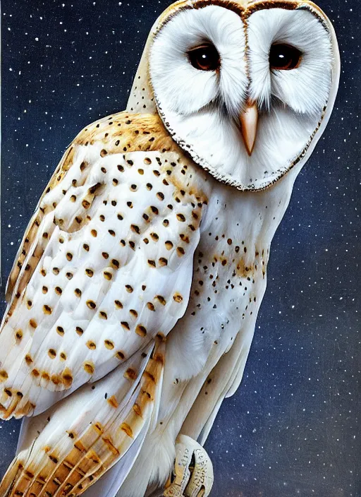 Prompt: close-up portrait of anthropomorphic barn owl, space, stars, dreamy, romantic, painting in the museum, highly detailed, sharp focus, digital painting, artwork, by Victor Adame Minguez by Yuumei by Tom Lovell by Sandro Botticelli