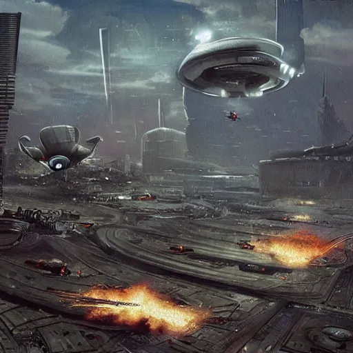 Image similar to post dystopian cyber punk civilization being destroyed by flying saucers and alien robots