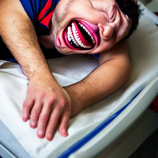 Image similar to confused laughing clown lying in hospital bed with wrist restraints on, restraint fabric straps attached to hospital bed, photograph, 8 k