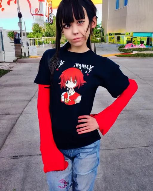 Prompt: adorable anime girl wearing a Frank's red hot sauce shirt striking a pose