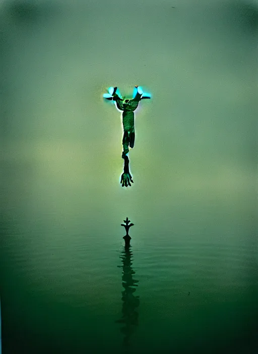 Image similar to “smiling frog vertically hovering above misty lake waters in jesus christ pose, low angle, long cinematic shot by Andrei Tarkovsky, paranormal, eerie, mystical”