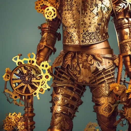 Image similar to a clockwork knoght wearing ornate wooden armor covered in flowers, brilliant colors, cinematic lighting