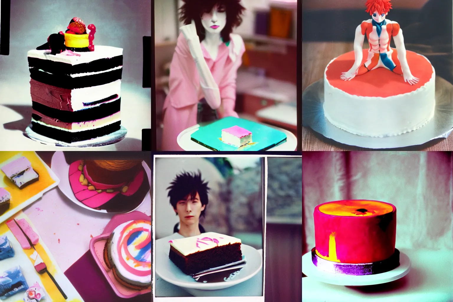 Prompt: eighties amateur photography, homemade hisoka cake, kodacolor