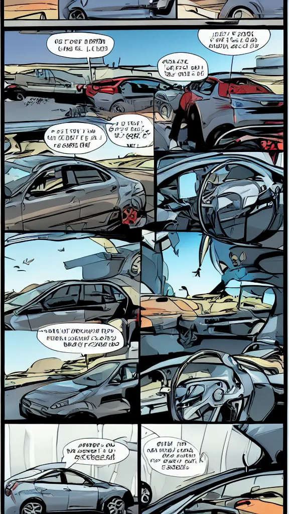 Image similar to comic book style page with three images: one of a car driving at high speed with view from far away on the highway,a second view from behind the wheel of said car, and that last one of the car crashing into a toll station