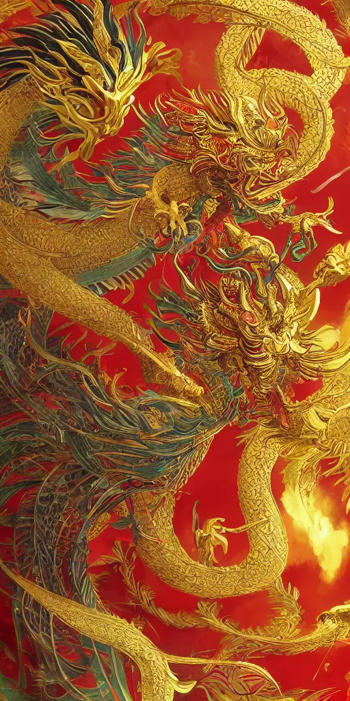 Image similar to golden paper + an intricate chinese dragon depiction + elaborate red illustration by wu daozi, makoto shinkai, tang yin, very detailed, deviantart, 8 k vertical wallpaper, tropical, colorful, airy, anime illustration, anime nature wallpap