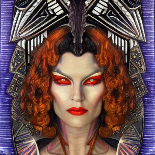 Image similar to beautiful closeup portrait of an art deco witch, glowing eyes. reflective detailed textures, moth wings, highly detailed dark fantasy science fiction painting by donato giancola and diego rivera, elaborate geometric ornament, ancient runes, silver and cool colors. artstation