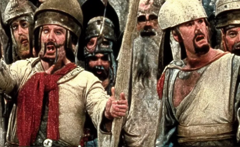 Image similar to a still from monty python's life of brian ( 1 9 7 9 ) with bernie sanders