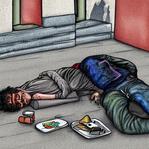 Image similar to a depressing digital painting of a homeless drug addict lying on the ground in an Ally, highly detailed digital art