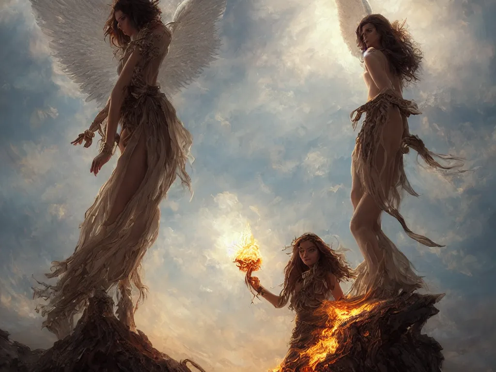 Image similar to angel carries a burning man in the clouds, fantasy art, award winning, dark fantasy, fantasy magic, intricate, elegant, sharp focus, cinematic lighting, highly detailed, digital painting, concept art, art by wlop and artgerm and greg rutkowski, masterpiece, trending on artstation, 8 k