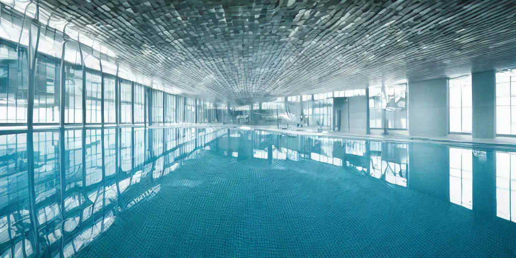 Prompt: indoor pool architecture, wide open space, long corridors, light and shadows, sterile, photography, tech submerged in water