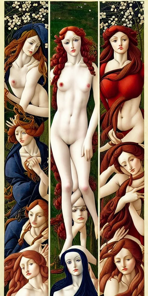 Image similar to the 12 months of the year as 12 figures, (3 are Winter, 3 are Spring, 3 are Summer and 3 are Autumn), in a mixed style of Botticelli and Æon Flux!, inspired by pre-raphaelite paintings, and shoujo manga, stunningly detailed, fine inking lines, flat colors, 4K photorealistic