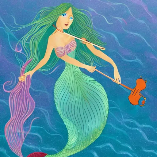 Prompt: a beautiful long - haired mermaid playing the violin in the wide ocean among fish