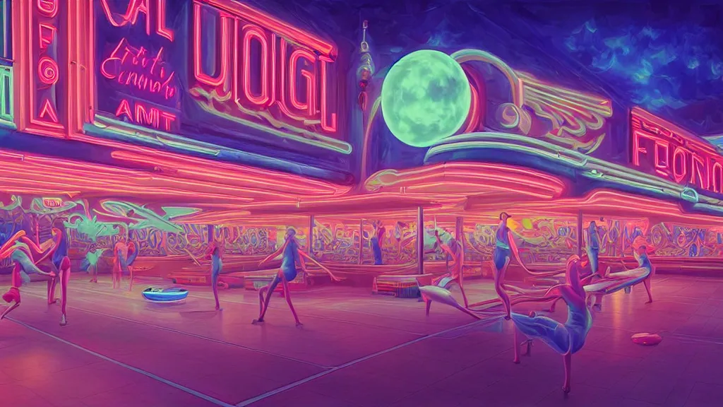 Image similar to art deco bowling alley, neon flamingo, ultra detail, photoreal, soft moonlight lighting, realistic, wide angle, sharp focus, 8 k high definition, insanely detailed, intricate, elegant, art by artgerm and wlop