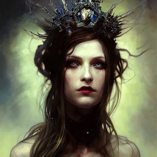 Image similar to dark goth queen with blue eyes, dark fantasy, hyperrealistic portrait, art of elysium by jeremy mann and alphonse mucha, fantasy art, photo realistic, dynamic lighting, artstation, ginger hair, volumetric lighting, very detailed face, 4 k, award winning