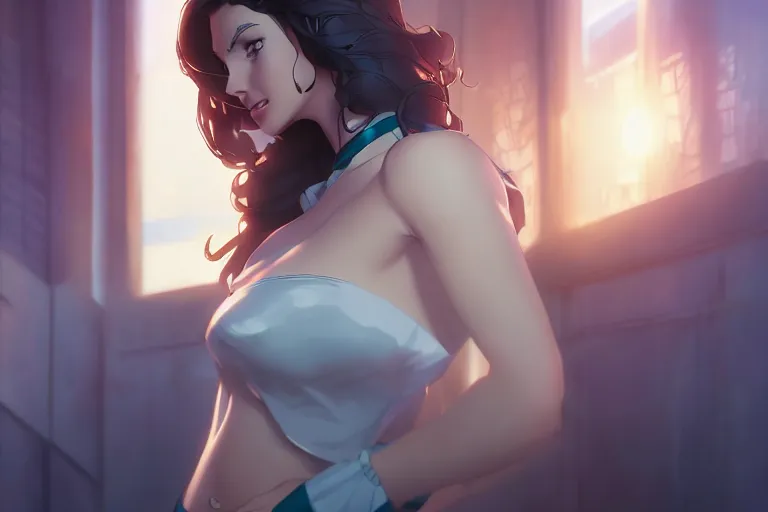 Image similar to young lynda carter, single subject, scenic full shot, ambient lighting, detailed face, by makoto shinkai, stanley artgerm lau, wlop, rossdraws