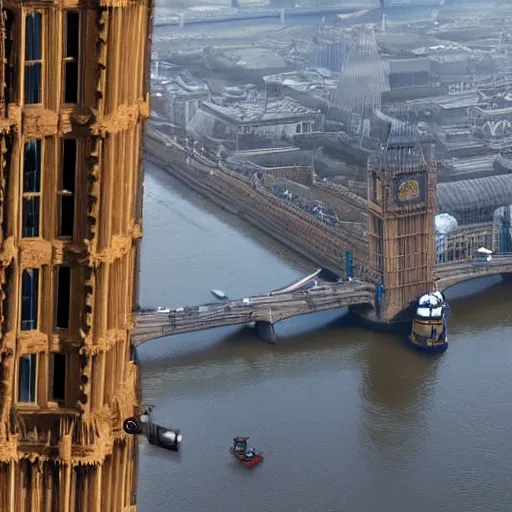 Prompt: Colour photo of steampunk airship docking at Big Ben