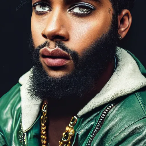 Prompt: hyper - realistic medieval portrait of a brownskinned man with a braided beard, black eyeliner, grey - green eyes, black eyeshadow wearing a leather jacket