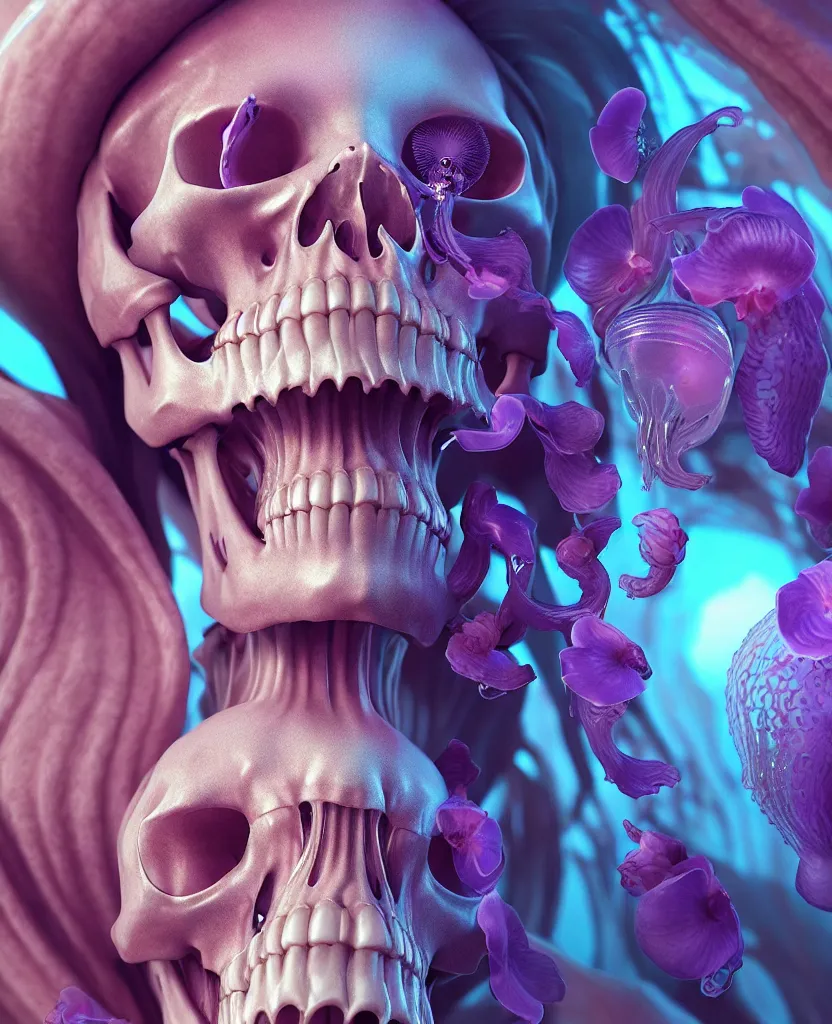 Image similar to goddess close - up portrait human skeleton, ram skull, jellyfish, orchid, betta fish, bioluminiscent, intricate artwork by tooth wu and wlop and beeple. octane render, trending on artstation, greg rutkowski very coherent symmetrical artwork. cinematic, hyper realism, high detail, octane render, 8 k