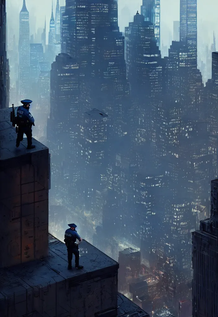 Image similar to a lone police officer overlooking a ledge towards the city below in ghostpunk new york city | highly detailed | very intricate | cinematic lighting | by asher brown durand and eddie mendoza | featured on artstation