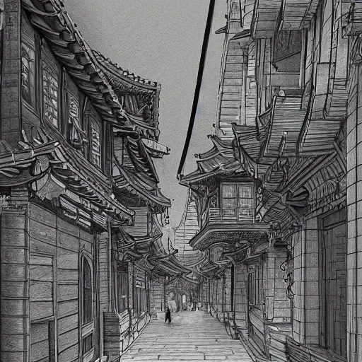 Prompt: High detailed sketch of korean city street, pencil drawing, traditional buildings, joseon era, black and white, artstation, extreme detail