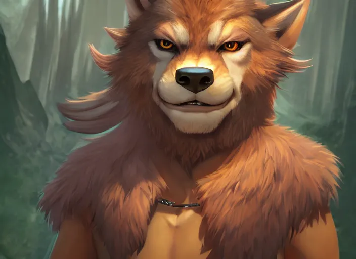 Image similar to smug smirk sardonic character portrait feature of the anthro male anthropomorphic wolf fursona animal person wearing tribal primitive caveman outfit belt standing in the entrance to the cave, well framed character design stylized by charlie bowater, ross tran, artgerm, makoto shinkai, detailed, soft lighting, rendered in octane