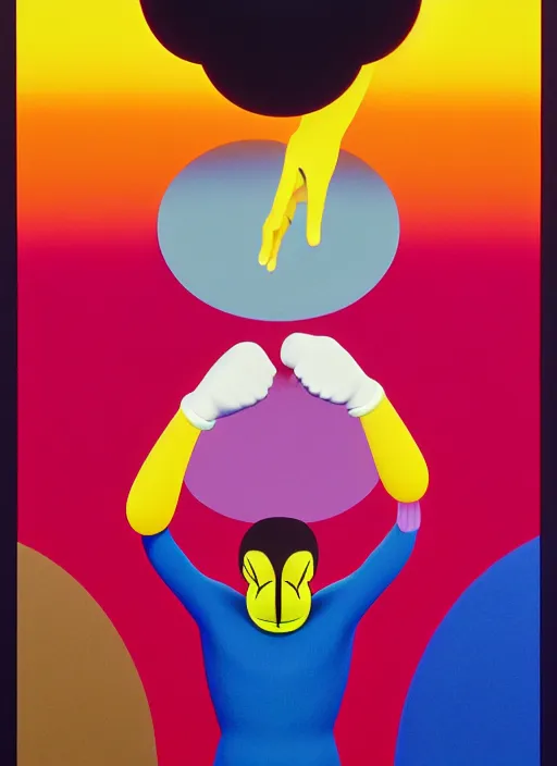 Image similar to a men balancing shapes on his finger by shusei nagaoka, kaws, david rudnick, airbrush on canvas, pastell colours, cell shaded!!!, 8 k