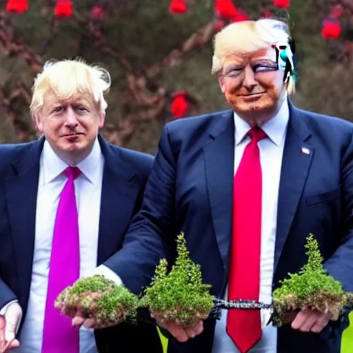 Image similar to Boris Johnson and Donald Trump as short tweedle dee and tweedle dum in an enchanted world Alice in wonderland