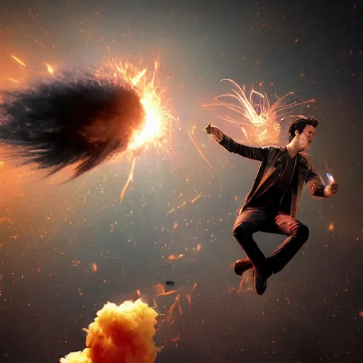 Image similar to hyperrealistic film still of ace ventura pet detective violently exploding in space, stunning 3 d render, inspired by istvan sandorfi & greg rutkowski & unreal engine, perfect symmetry, dim volumetric cinematic lighting, 8 k octane comprehensive render, extremely hyper - detailed, incredibly lifelike attributes, intricate, real flesh texture, masterpiece, artstation, stunning,