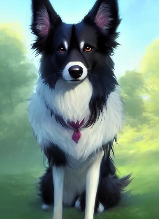 Image similar to wide angle full body portrait of a cute male anthropomorphic border collie fursona wearing a jacket in front of a park, character design by charlie bowater, henry asencio, and ross tran, furry art, furaffinity, scenic background, intricate, elegant, beautiful, fantasy, glamor pose, detailed, trending on artstation