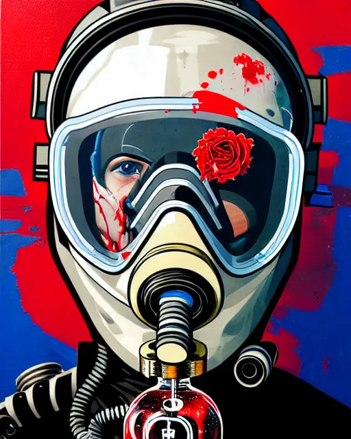 Prompt: portrait of an armoured diver man wearing oxygen mask, has blood, rose, a pistol and a syringe needle with sea background intricate details with horror side profile by Sandra Chevrier