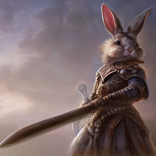 Image similar to bunny with helmet and sword, fantasy art, matte painting