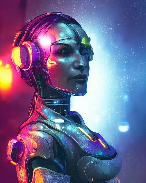 Image similar to a cyberpunk close up portrait of cyborg zeus, electricity, sparks, bokeh, soft focus, sparkling, glisten, water drops, cold, dark, geometric, temples behind her, by paul lehr, jesper ejsing