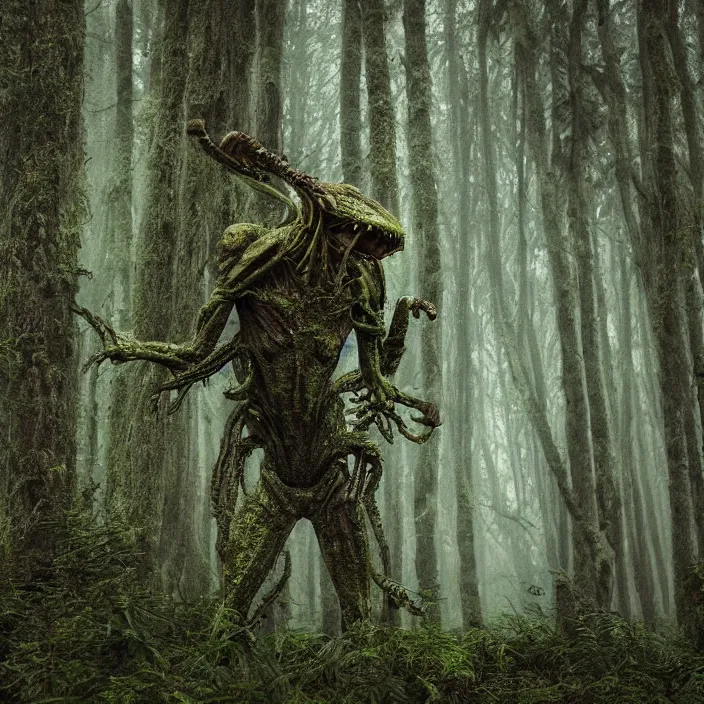 Image similar to a closeup of an alien, in a foggy mossy forest, by Omar Z. Robles, CANON Eos C300, ƒ1.8, 35mm, 8K, medium-format print