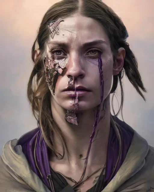 Image similar to '' Face portrait of a scarred fighter, reptile skin, purple eyes, long hair with a ponytail , sci-fy, cyberpunk, high detail, 4k , digital painting, artstation, concept art, sharp focus, illustration, art by greg rutkowski and alphonse mucha ''