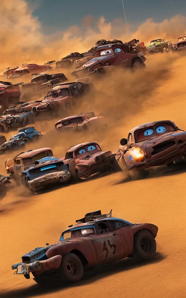 Prompt: pixar cars racing fast in the world of mad max fury road. 4 k ultra detailed