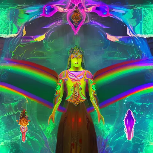 Image similar to concept art for a video game called mystic unity, illustrative visionary characters, dark psychedelic magicians, elongated arms and rainbow cuber augmentations, barbarian buddhas in epic schematic landscap