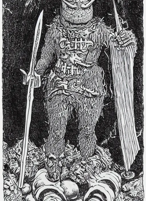 Prompt: tinky winky as a D&D monster, full body, pen-and-ink illustration, etching, by Russ Nicholson, DAvid A Trampier, larry elmore, 1981, HQ scan, intricate details, Monster Manula, Fiend Folio