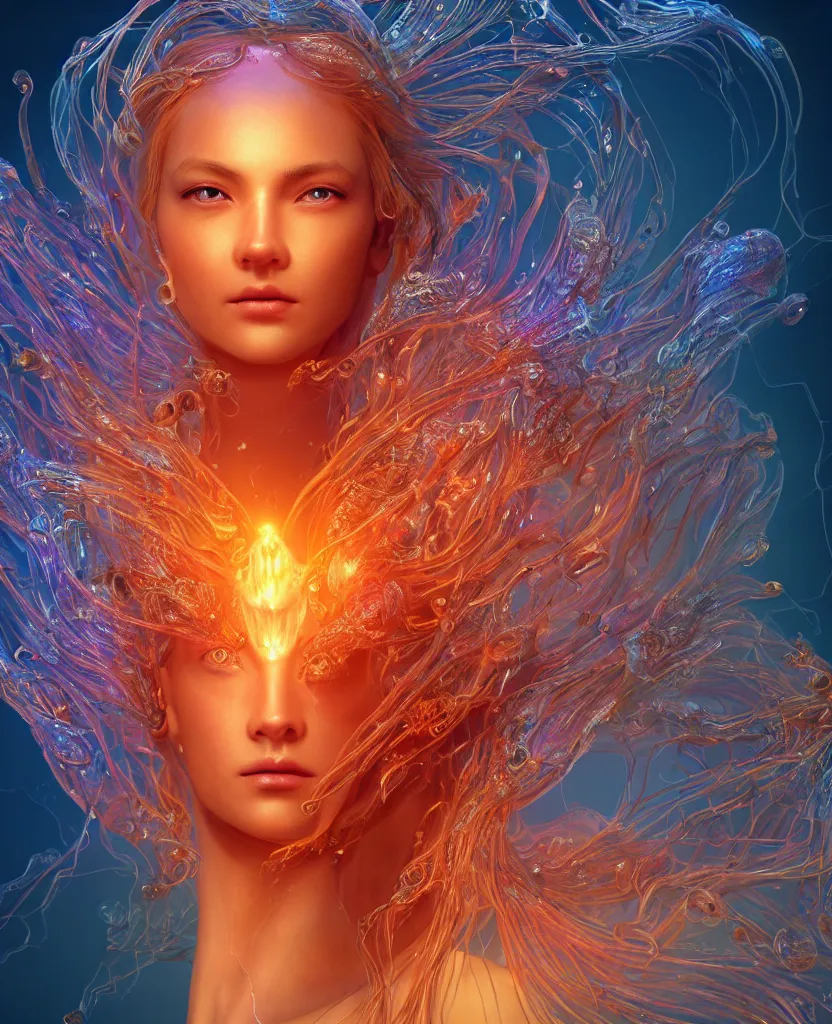 Image similar to close-up macro portrait of the face of a beautiful princess, epic angle and pose, symmetrical artwork, 3d with depth of field, blurred background, cybernetic jellyfish female face skull phoenix bird, translucent, nautilus, energy flows of water and fire. a highly detailed epic cinematic concept art CG render. made in Maya, Blender and Photoshop, octane render, excellent composition, cinematic dystopian brutalist atmosphere, dynamic dramatic cinematic lighting, aesthetic, very inspirational, arthouse. y Greg Rutkowski, Ilya Kuvshinov, WLOP, Stanley Artgerm Lau, Ruan Jia and Fenghua Zhong