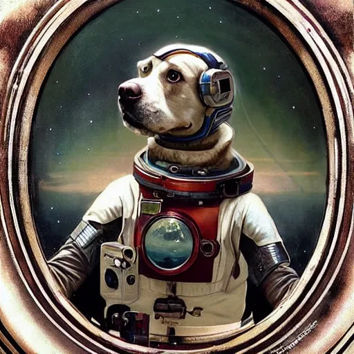 Prompt: realistic heroic portrait of Laika the russian space dog, first dog in orbit 1957, wearing her space helmet, in a circle frame, art by Artgerm and Greg Rutkowski and Alphonse Mucha
