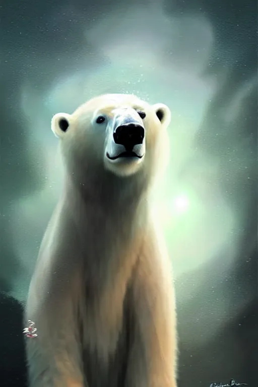 Prompt: a polar bear standing in front of a mirror, digital art by charlie bowater, featured on cgsociety, digital art, ethereal, wiccan, mystical
